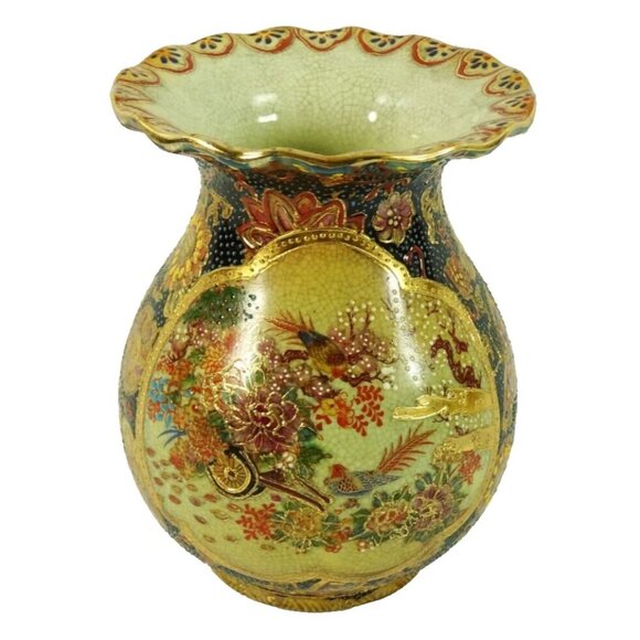 Vintage Japanese Satsuma Vase Scalloped Edges Geisha Butterfly Floral Ceramic - Picture 2 of 10